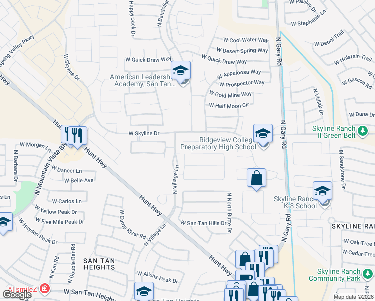 map of restaurants, bars, coffee shops, grocery stores, and more near 2176 West Larissa Lane in Queen Creek