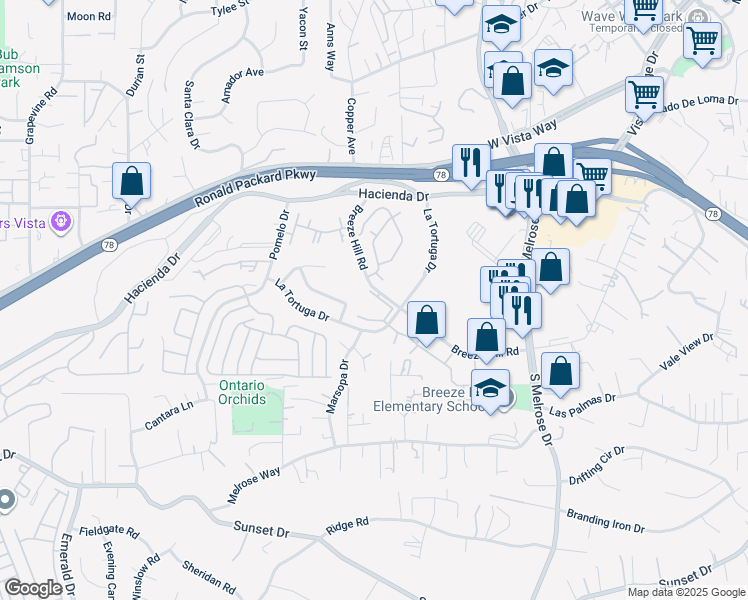 map of restaurants, bars, coffee shops, grocery stores, and more near 1050 La Tortuga Drive in Vista
