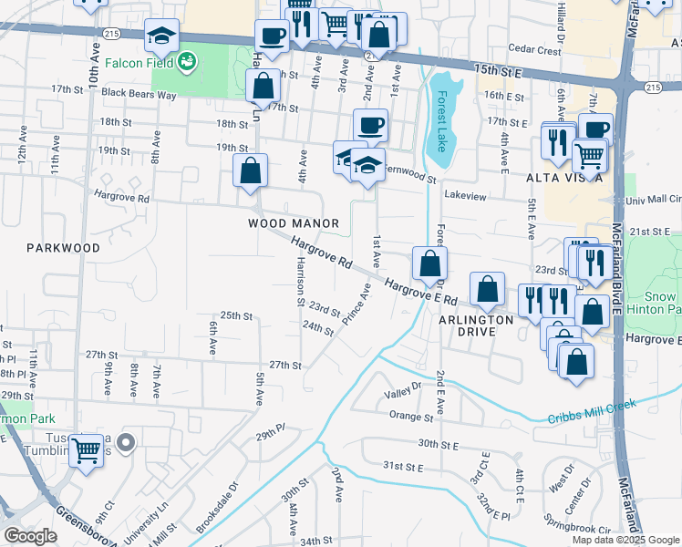 map of restaurants, bars, coffee shops, grocery stores, and more near 2 Hackberry Circle in Tuscaloosa