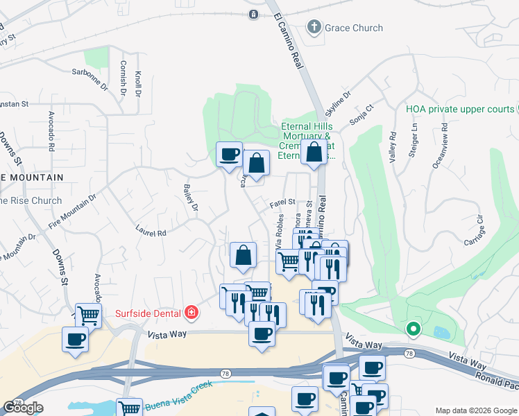 map of restaurants, bars, coffee shops, grocery stores, and more near 2028 Via Esmarca in Oceanside