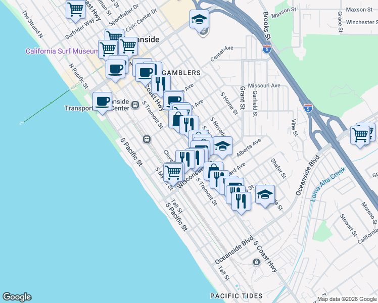 map of restaurants, bars, coffee shops, grocery stores, and more near 602 South Tremont Street in Oceanside