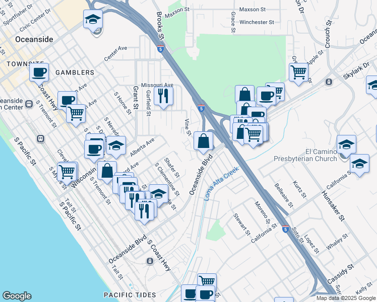 map of restaurants, bars, coffee shops, grocery stores, and more near 1108 Hibiscus Way in Oceanside