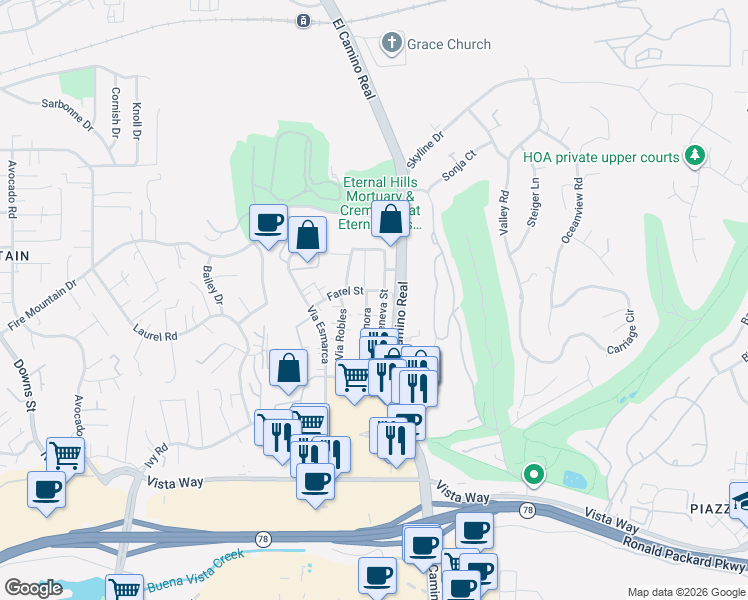 map of restaurants, bars, coffee shops, grocery stores, and more near 2125 Via Sonora in Oceanside