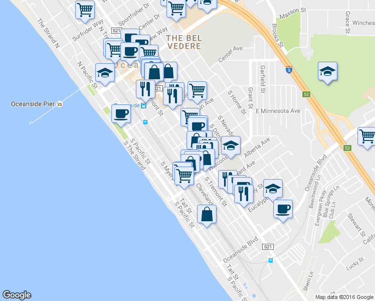 map of restaurants, bars, coffee shops, grocery stores, and more near 602 South Tremont Street in Oceanside