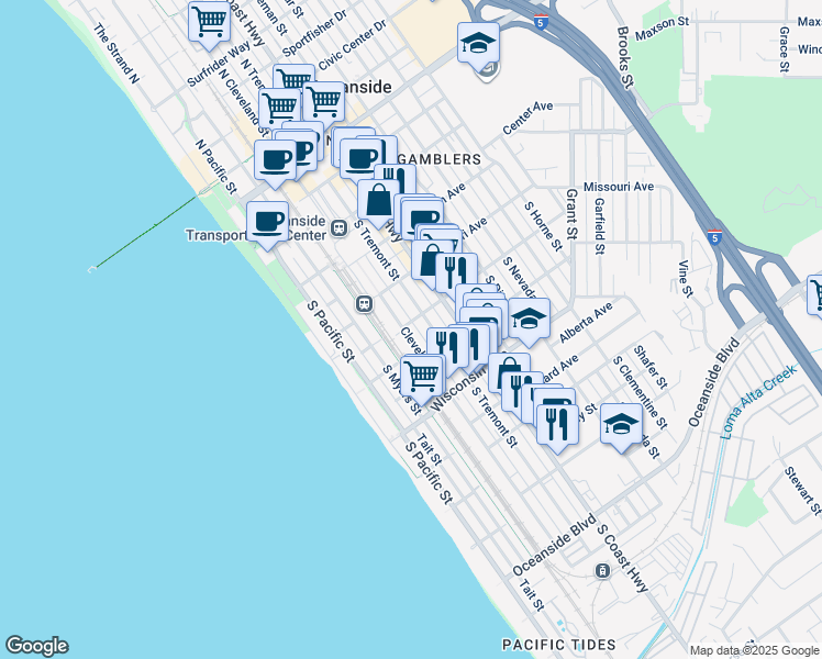 map of restaurants, bars, coffee shops, grocery stores, and more near 511 South Cleveland Street in Oceanside