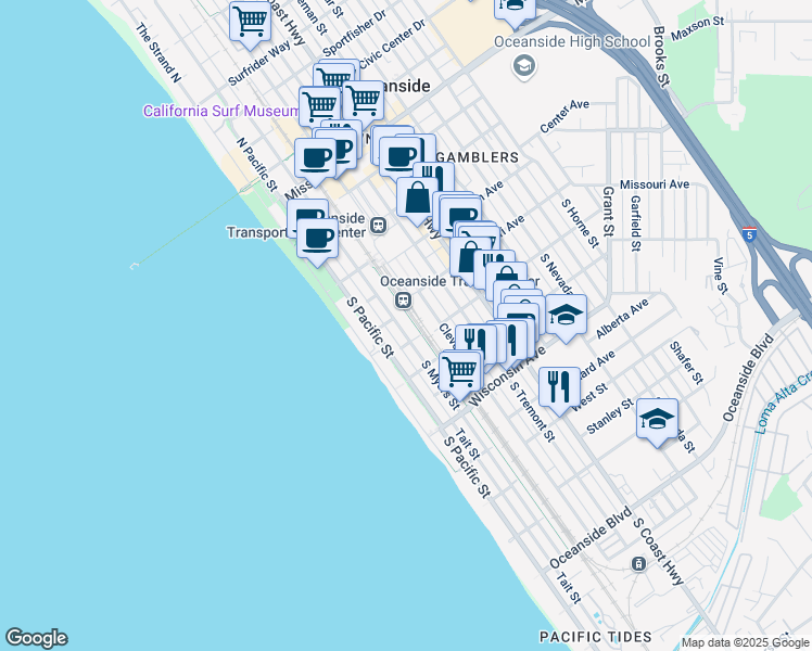 map of restaurants, bars, coffee shops, grocery stores, and more near 501 South Myers Street in Oceanside