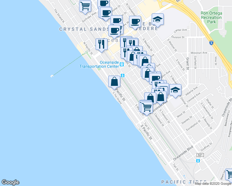 map of restaurants, bars, coffee shops, grocery stores, and more near 408 South The Strand in Oceanside