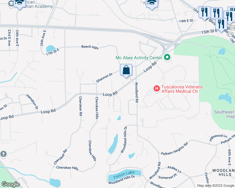 map of restaurants, bars, coffee shops, grocery stores, and more near 3301 Loop Road in Tuscaloosa