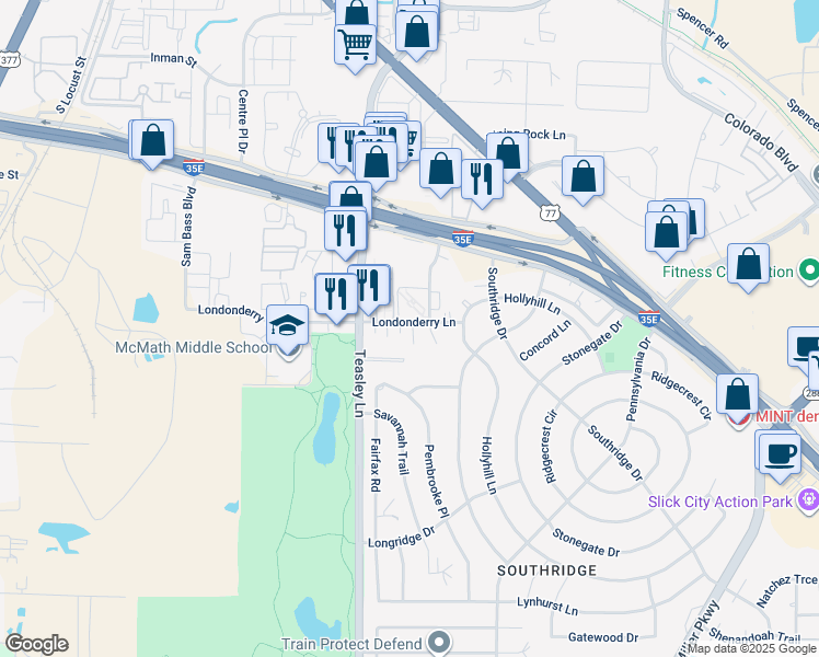 map of restaurants, bars, coffee shops, grocery stores, and more near 900 Londonderry Lane in Denton