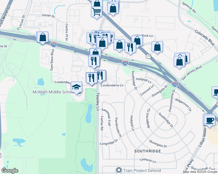 map of restaurants, bars, coffee shops, grocery stores, and more near 2001 Teasley Lane in Denton