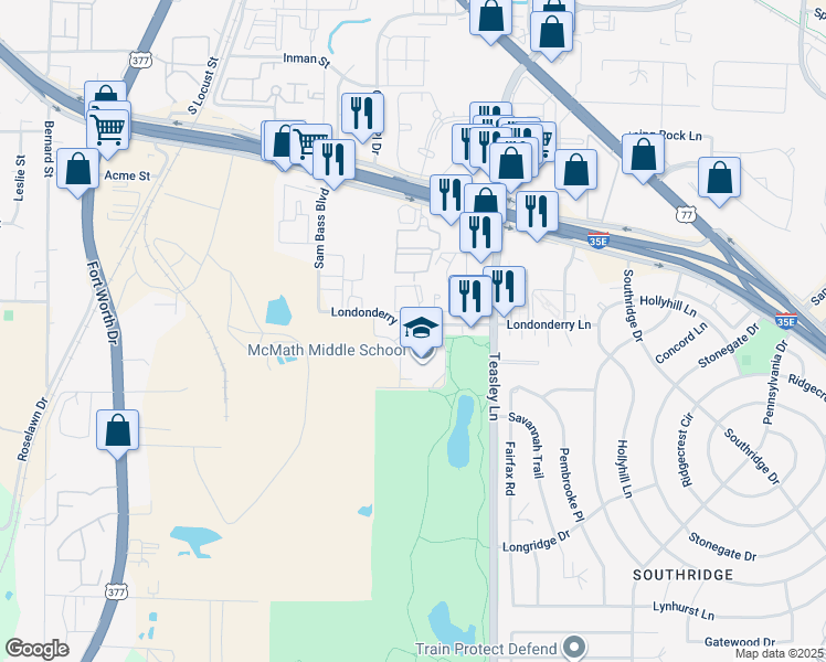 map of restaurants, bars, coffee shops, grocery stores, and more near 1900 Jason Drive in Denton