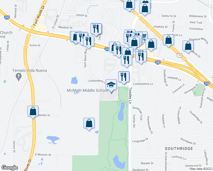 map of restaurants, bars, coffee shops, grocery stores, and more near 1900 Jason Drive in Denton