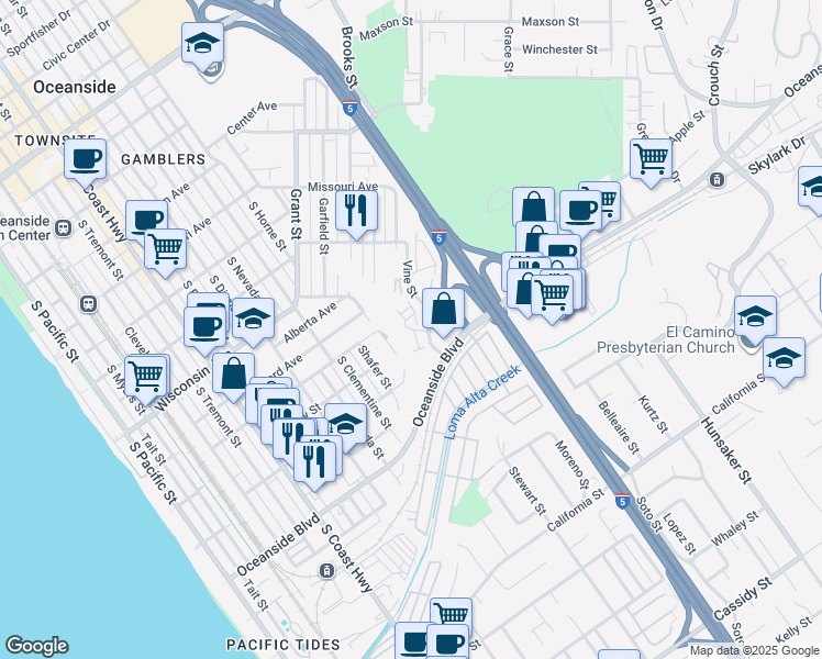 map of restaurants, bars, coffee shops, grocery stores, and more near 1121 Makena Way in Oceanside
