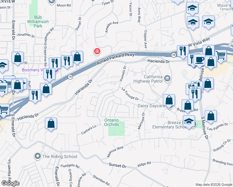 map of restaurants, bars, coffee shops, grocery stores, and more near 607 Via Del Mar in Vista