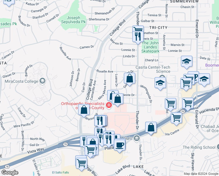 map of restaurants, bars, coffee shops, grocery stores, and more near 3027 Linda Drive in Oceanside