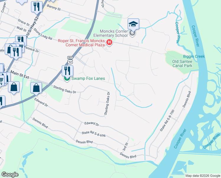 map of restaurants, bars, coffee shops, grocery stores, and more near 1423 Sterling Oaks Drive in Moncks Corner