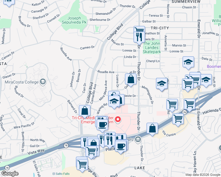 map of restaurants, bars, coffee shops, grocery stores, and more near 3027 Linda Drive in Oceanside