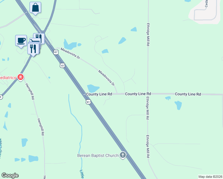 map of restaurants, bars, coffee shops, grocery stores, and more near 128 County Line Road in Griffin