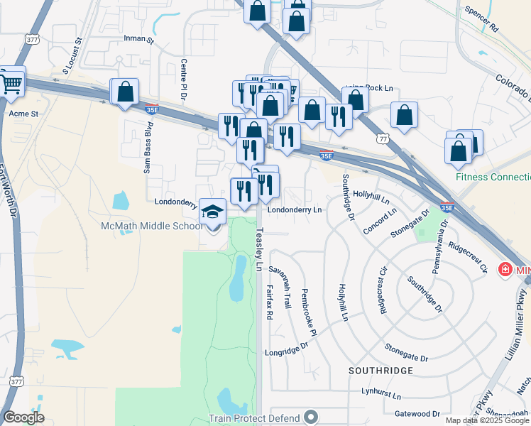 map of restaurants, bars, coffee shops, grocery stores, and more near 2001 Teasley Lane in Denton