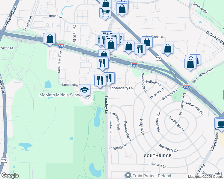 map of restaurants, bars, coffee shops, grocery stores, and more near 1901 Kingswood Court in Denton