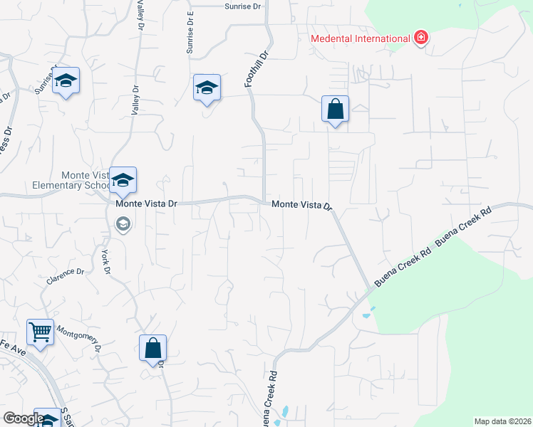 map of restaurants, bars, coffee shops, grocery stores, and more near 2101 Monte Vista Drive in Vista