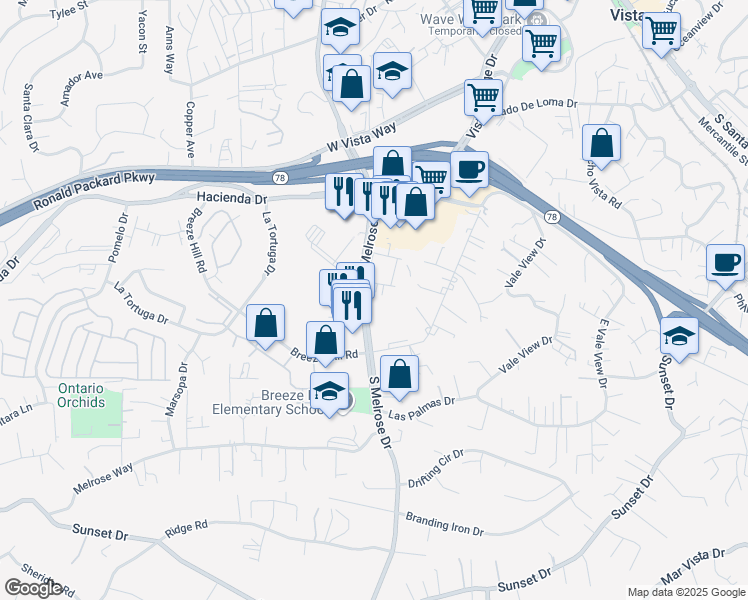 map of restaurants, bars, coffee shops, grocery stores, and more near 400 South Melrose Drive in Vista