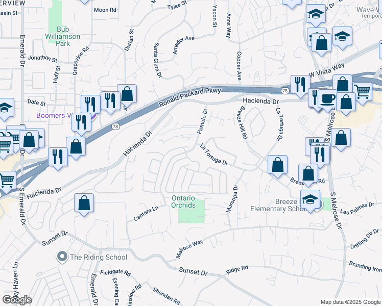 map of restaurants, bars, coffee shops, grocery stores, and more near 607 Via Del Mar in Vista