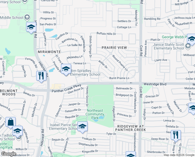 map of restaurants, bars, coffee shops, grocery stores, and more near Decker Drive in Frisco