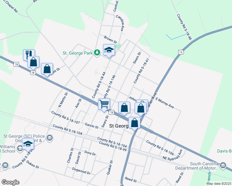 map of restaurants, bars, coffee shops, grocery stores, and more near 306 Johnston Street in Saint George