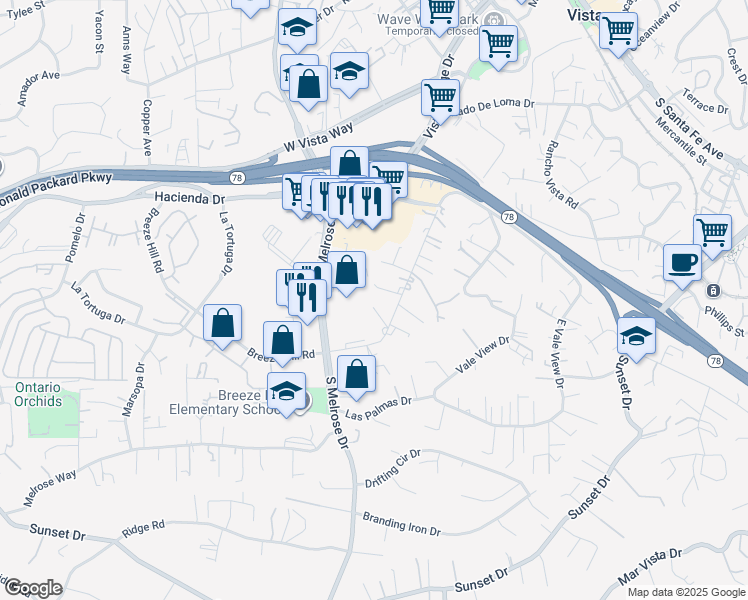 map of restaurants, bars, coffee shops, grocery stores, and more near 338 South Melrose Drive in Vista