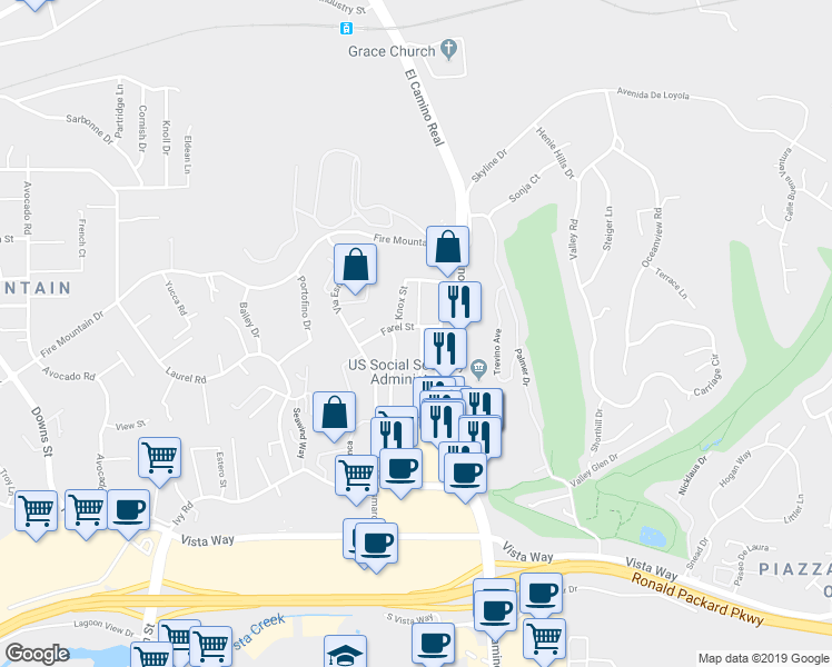 map of restaurants, bars, coffee shops, grocery stores, and more near 2800 Farel Street in Oceanside