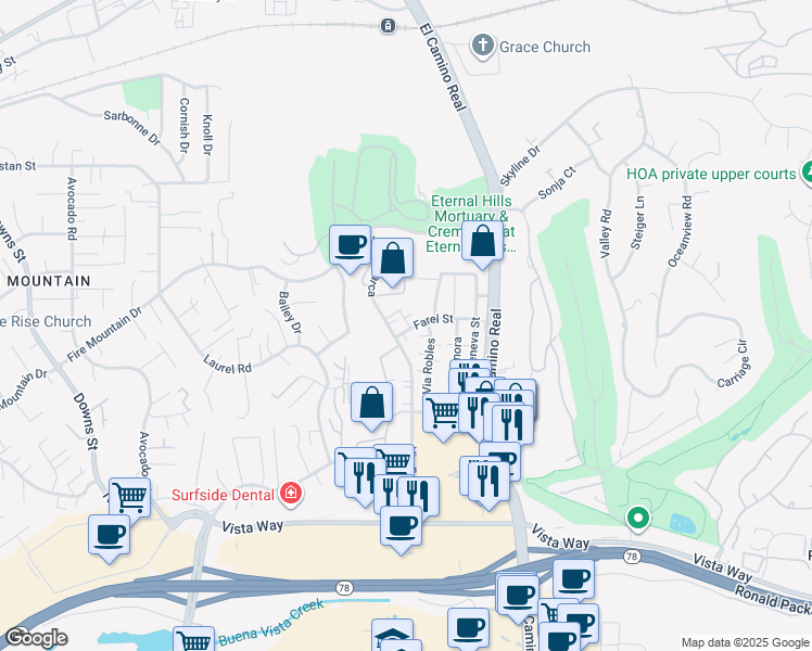 map of restaurants, bars, coffee shops, grocery stores, and more near 2659 Via Del Prado in Oceanside