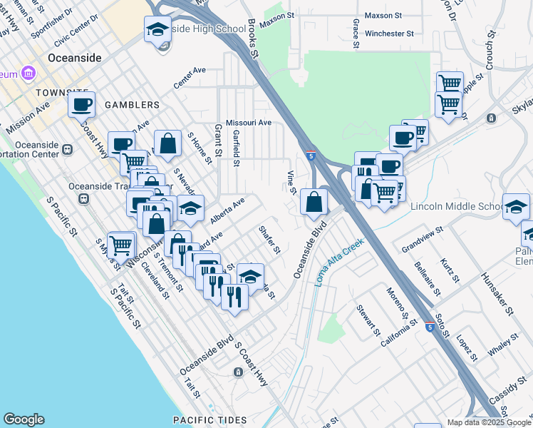 map of restaurants, bars, coffee shops, grocery stores, and more near 1187 Leonard Avenue in Oceanside