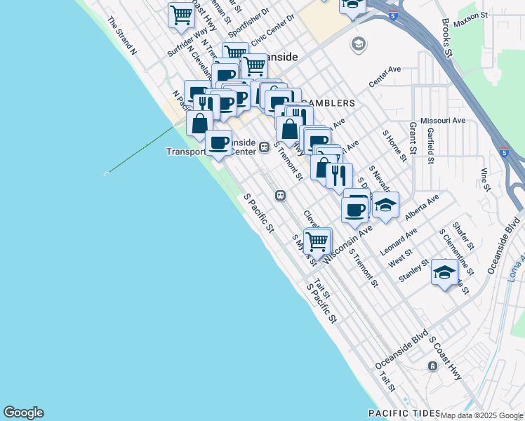 map of restaurants, bars, coffee shops, grocery stores, and more near 303 South Myers Street in Oceanside