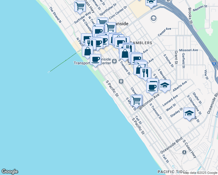 map of restaurants, bars, coffee shops, grocery stores, and more near 303 South Myers Street in Oceanside