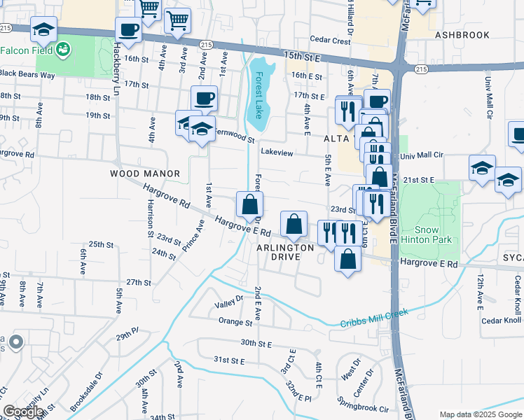 map of restaurants, bars, coffee shops, grocery stores, and more near 212 22nd Street East in Tuscaloosa