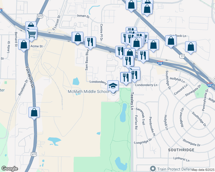 map of restaurants, bars, coffee shops, grocery stores, and more near 1810 Jason Drive in Denton