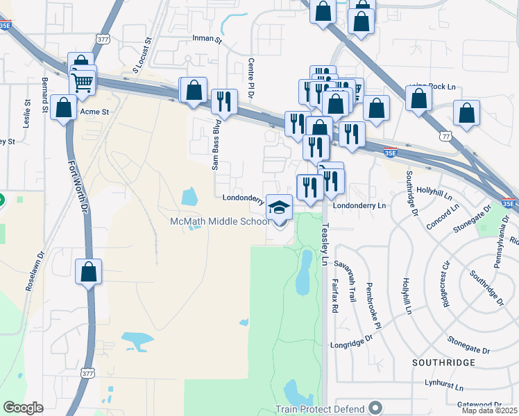 map of restaurants, bars, coffee shops, grocery stores, and more near 1810 Jason Drive in Denton