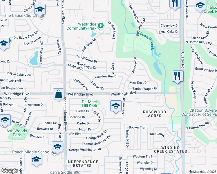map of restaurants, bars, coffee shops, grocery stores, and more near 9808 Hedge Bell Drive in McKinney