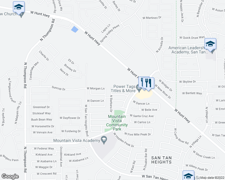 map of restaurants, bars, coffee shops, grocery stores, and more near 3587 West Morgan Lane in Queen Creek