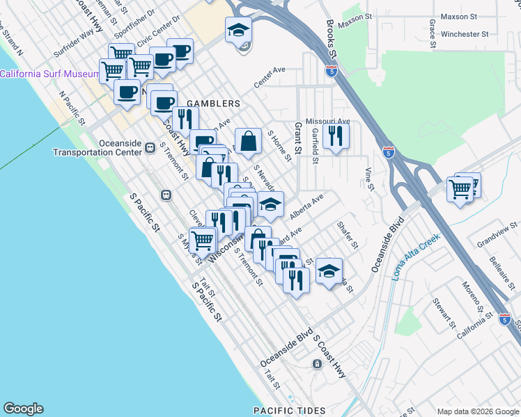 map of restaurants, bars, coffee shops, grocery stores, and more near 619 South Ditmar Street in Oceanside