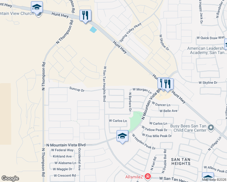 map of restaurants, bars, coffee shops, grocery stores, and more near 3860 West Morgan Lane in Queen Creek