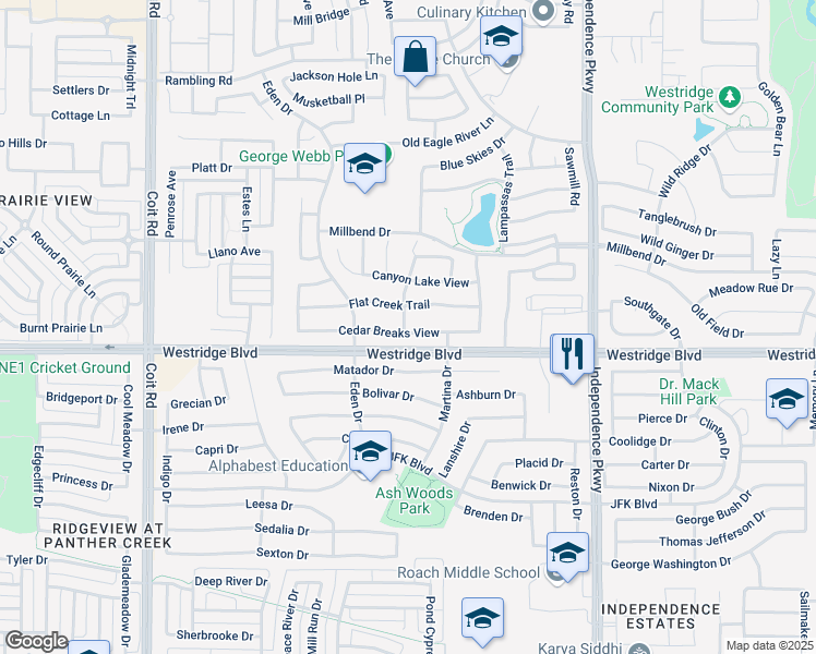 map of restaurants, bars, coffee shops, grocery stores, and more near 10332 Cedar Breaks View in McKinney