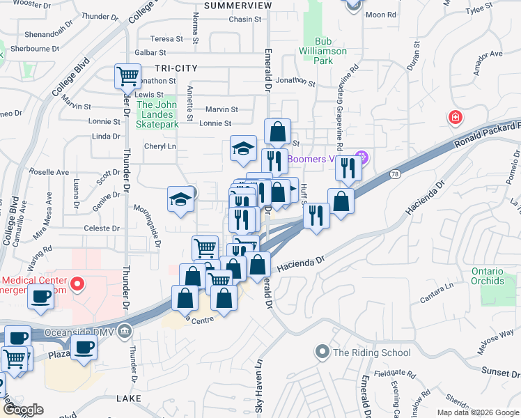 map of restaurants, bars, coffee shops, grocery stores, and more near 170 Emerald Drive in Vista