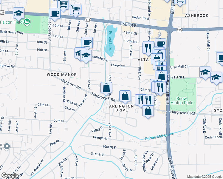 map of restaurants, bars, coffee shops, grocery stores, and more near 2215 Forest Lake Drive in Tuscaloosa