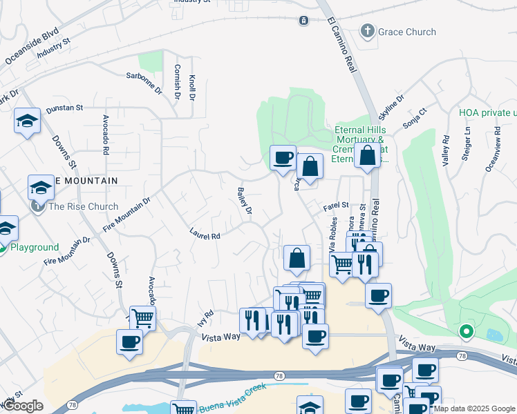 map of restaurants, bars, coffee shops, grocery stores, and more near 1816 Bailey Drive in Oceanside