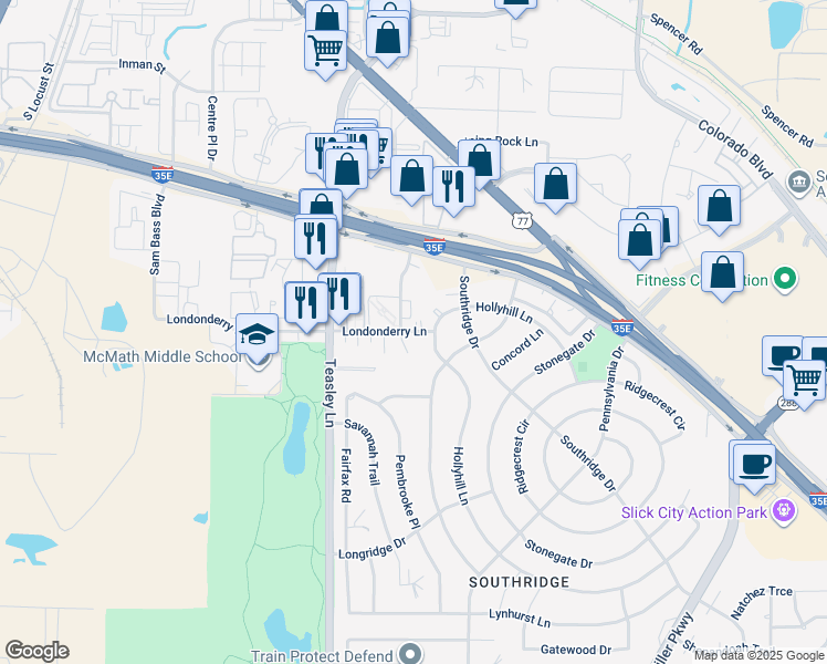 map of restaurants, bars, coffee shops, grocery stores, and more near 902 Londonderry Lane in Denton