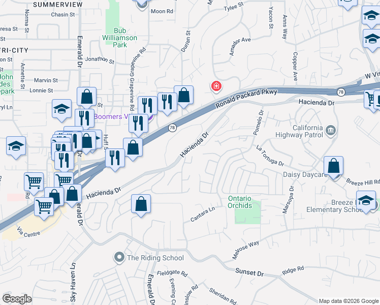 map of restaurants, bars, coffee shops, grocery stores, and more near 1547 Acacia Circle in Vista