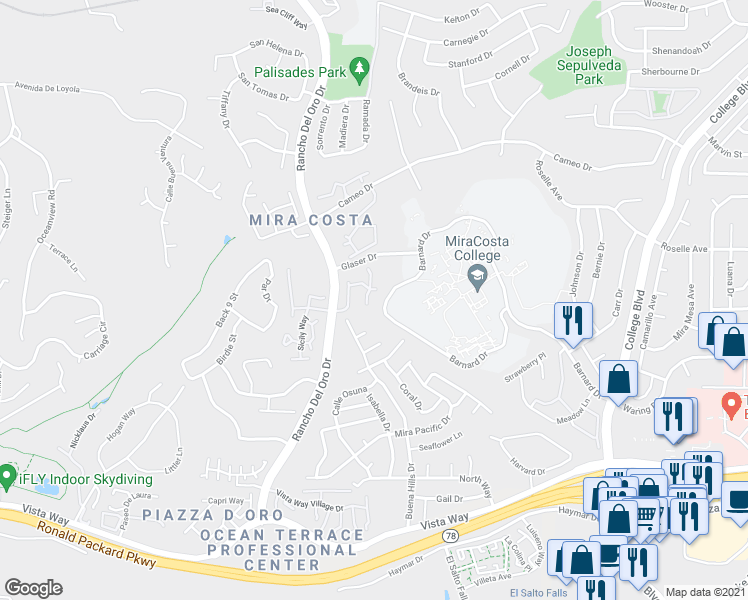map of restaurants, bars, coffee shops, grocery stores, and more near 2335 Rancho Del Oro Road in Oceanside