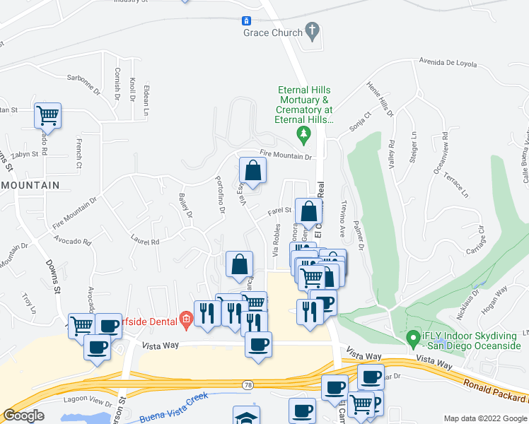map of restaurants, bars, coffee shops, grocery stores, and more near 2659 Via Del Prado in Oceanside